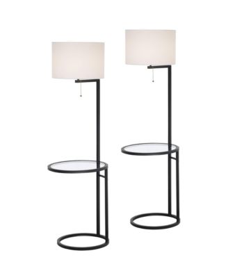 Space Saver Modern Floor Lamps with Tray Table 62" Tall Set of 2 Metal Fabric Drum Shade for Living Room Bedroom Office House
