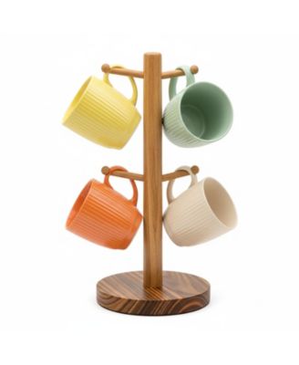 Premium Wood Mug Tree Marble Base 6 Hooks Counter Organizer