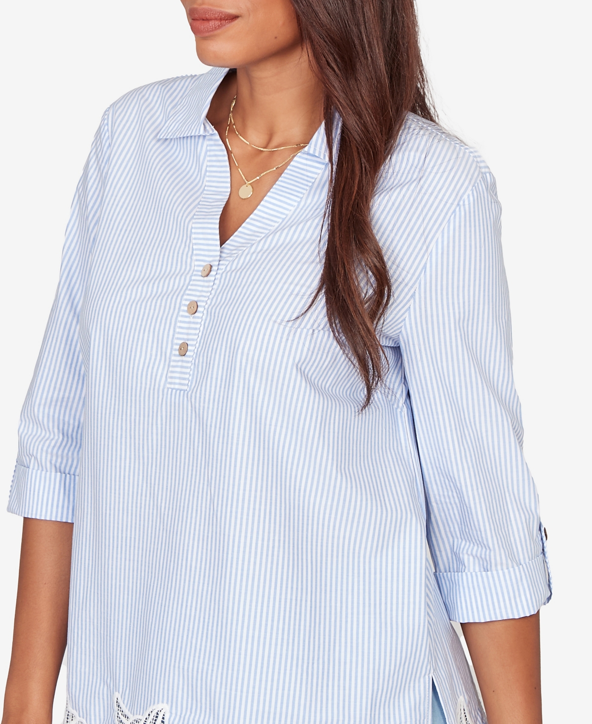 Ruby Rd. Petite Coastal Stripe Lace-Hem Henley Top