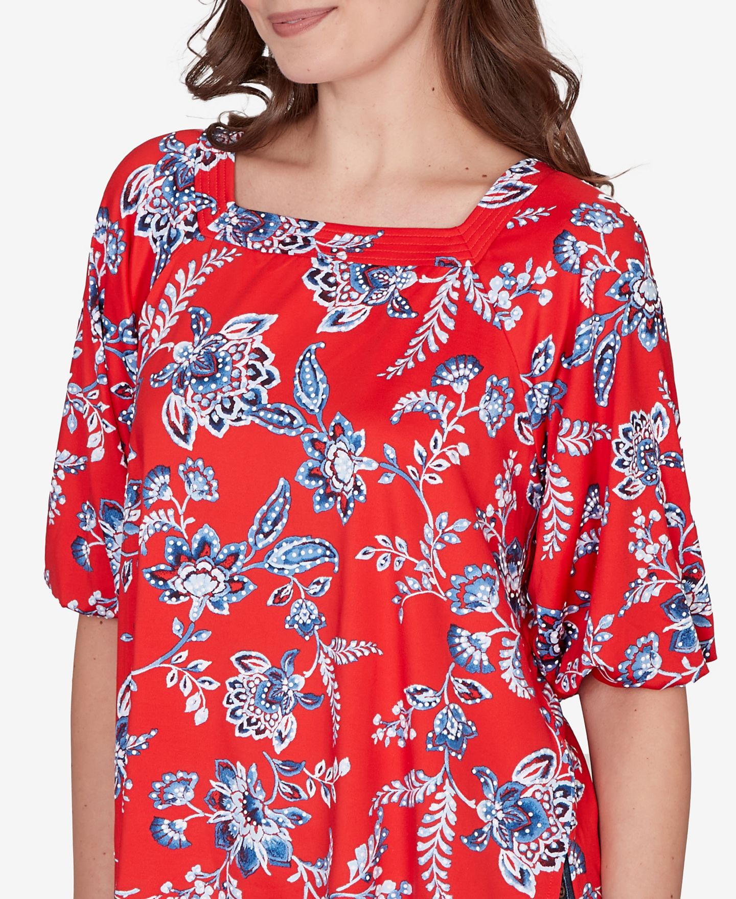 Женский топ Ruby Rd. Petite Square Neck Floral Puff Print, цвет: Красный разноцветный — фото 4