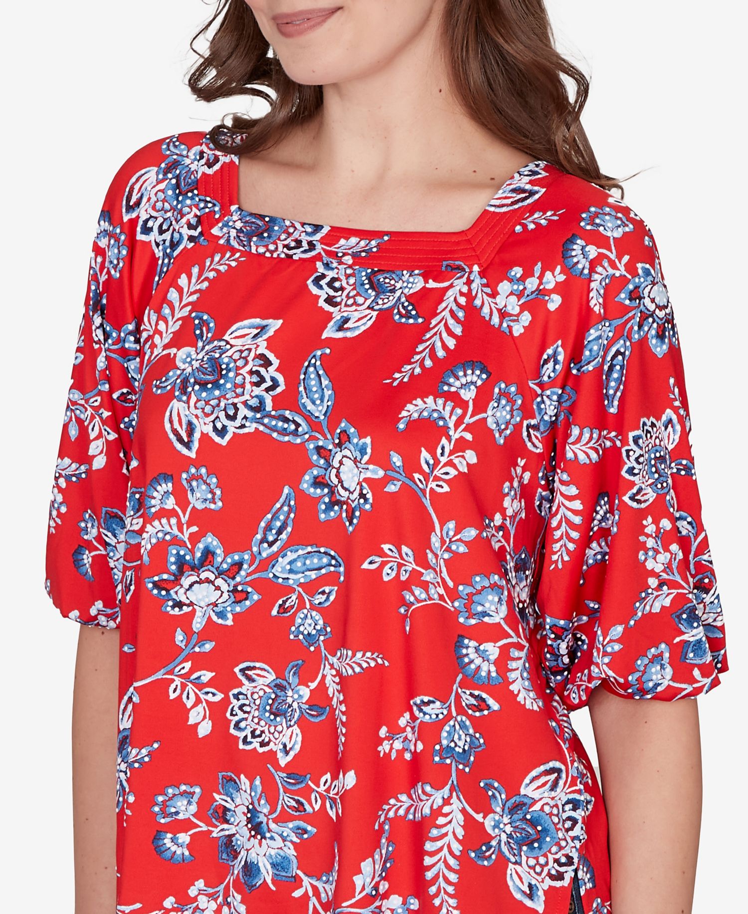 Petite Square Neck Floral Puff Print Top