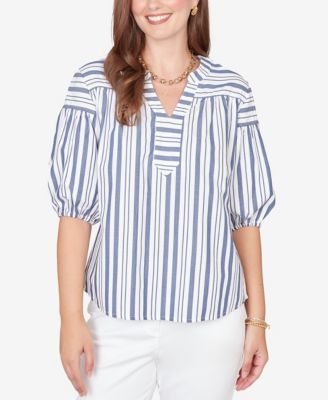 Petite Striped Cotton Poplin Elastic-Cuff Top