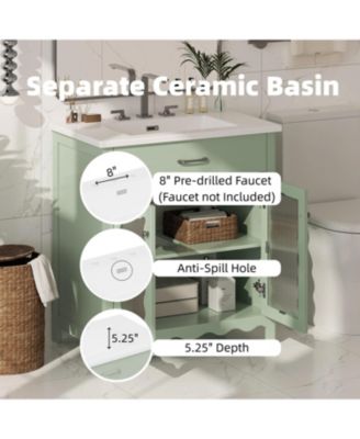 30" Bathroom Vanity with Tempered Glass, Modern Cabinet with Rubber Wood Legs and Soft-Close Doors