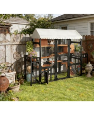 Large Wooden Outdoor Cat Enclosure with Plant Stands Multi Level Playpen Weather Resistant Roof Climbing Ramp