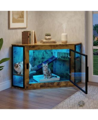 48 in. Corner Cat Litter Box Enclosure Modern Hidden Cabinet with Acrylic Door LED Light and Playground