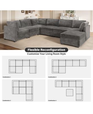 7-Piece Living Room Furniture Sectional Sofa, L-Shaped Deep Seat Cloud Couch with Chaise Ottoman, Comfy Corduroy Modular Couches for Home