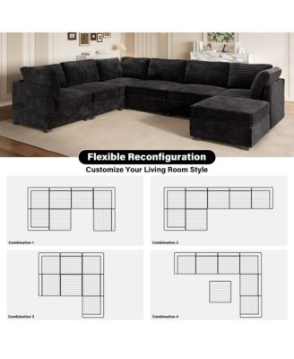 7-Piece Living Room Furniture Sectional Sofa, L-Shaped Deep Seat Cloud Couch with Chaise Ottoman, Comfy Corduroy Modular Couches for Home