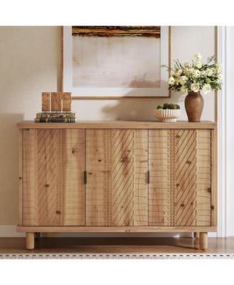 Solid Wood Buffet Cabinet with Storage, Farmhouse Sideboard Cabinet with 3 Doors and 2 Adjustable Shelves, Mid Century Modern Sideboard