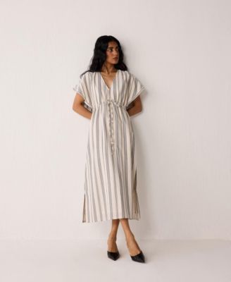 Women's Maxi Gathered Dress with Side Slits in Stripes