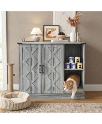 Cat Litter Box Cabinet with Power Outlet Hidden Modern Furniture for Large Automatic Litter Boxes with Litter Catcher