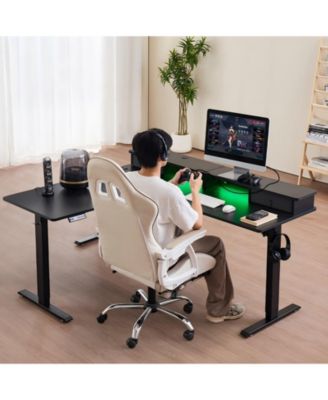 L Shaped Electric Standing Desk 63 x 55 in, Adjustable Height Corner Desk with LED Light Strip and Power Strip