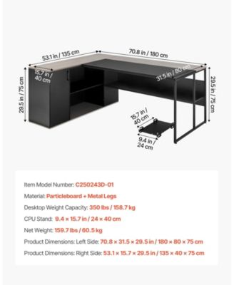 L-Shaped Executive Desk with Drawers and Storage Cabinet, 71 x 53 in Office Table with CPU Stand, 350 lbs
