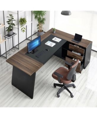 L-Shaped Executive Desk with File Drawer and Storage Cabinet, Large Modern Office Table, 350 lbs Capacity