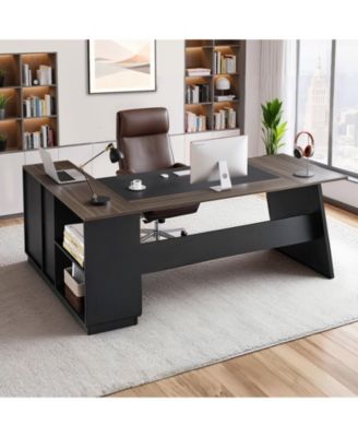 L-Shaped Executive Desk with File Drawer and Storage Cabinet, Large Modern Office Table, 350 lbs Capacity