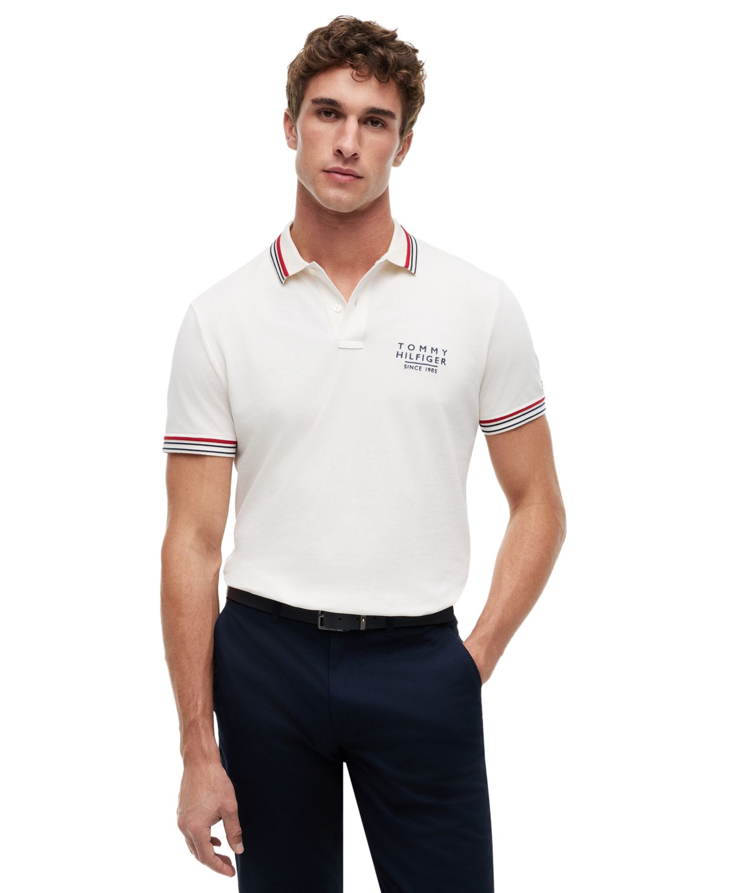 Men's Regular-Fit Red, White, and Blue Collar & Cuff Stripe Polo Shirt