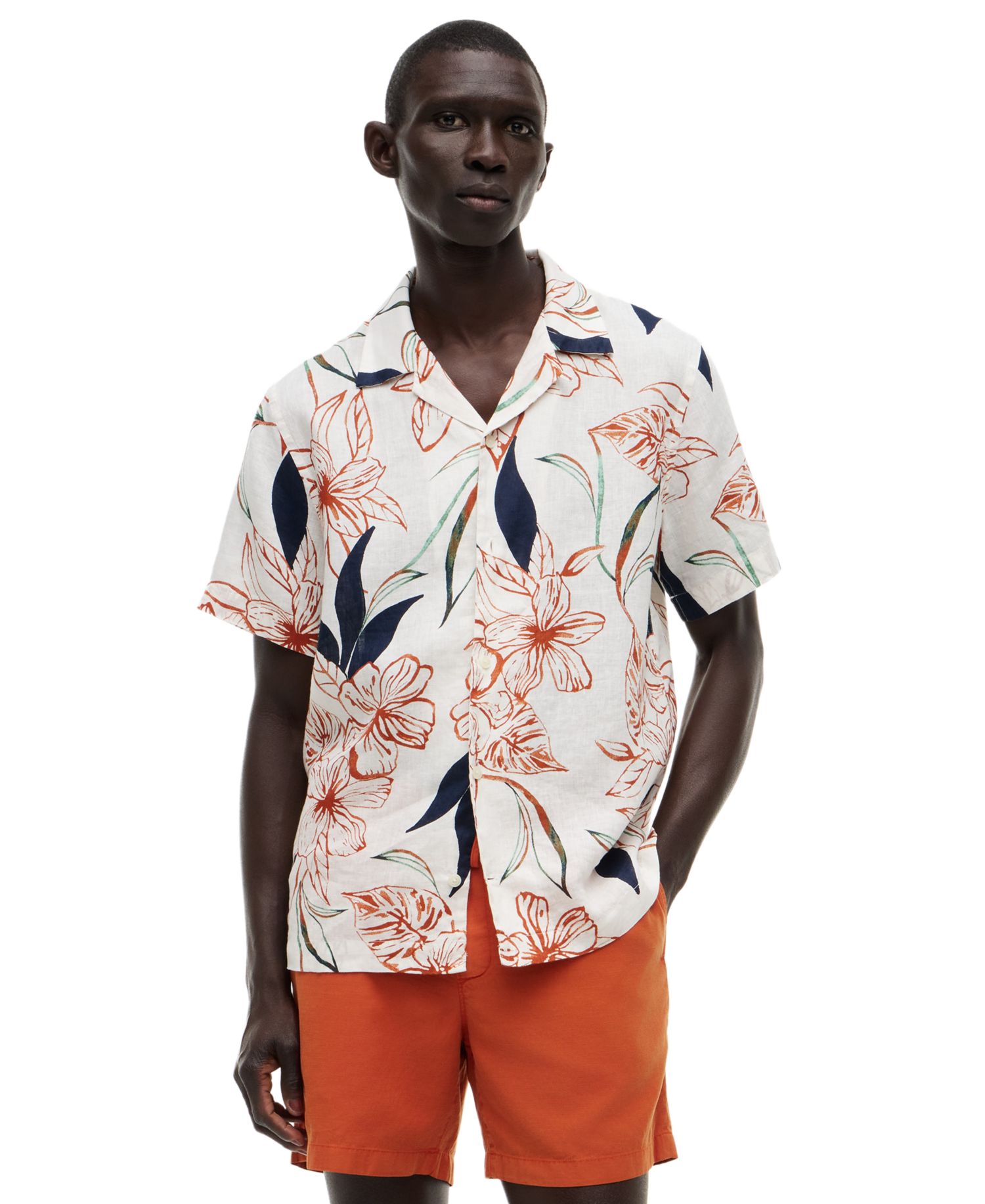 Men's Linen Resort Print Camp Collar Short-Sleeve Shirt
