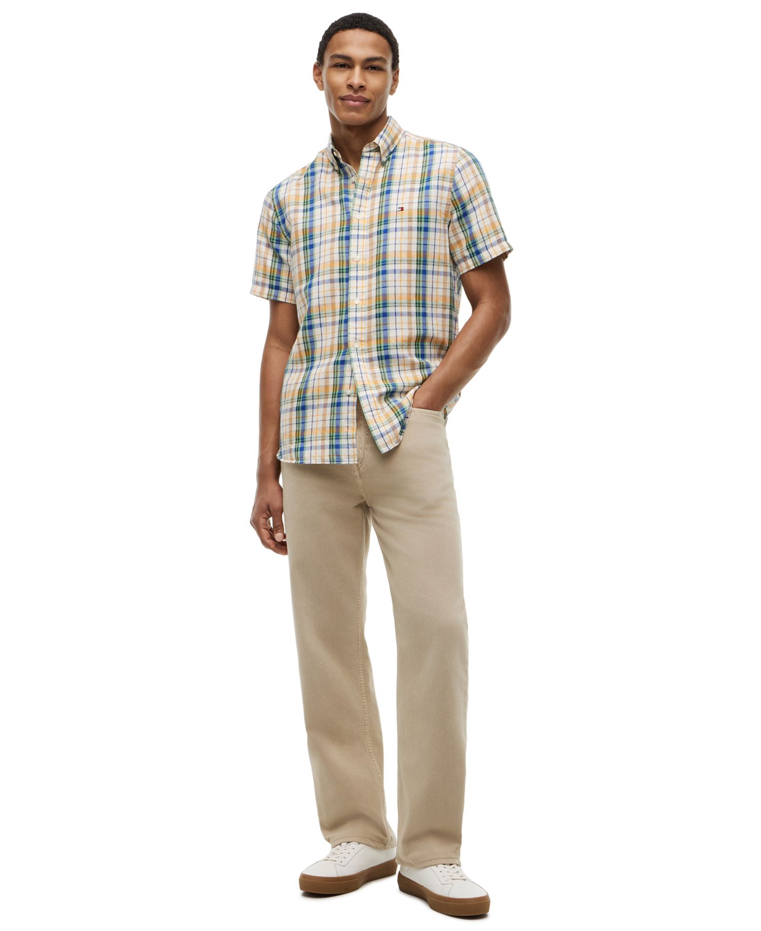 Men's Linen Blend Madras Short-Sleeve Shirt