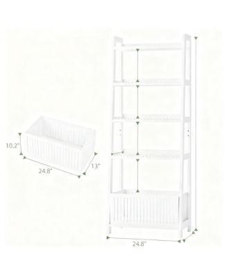 Ladder Shelf 4-Tier Bookshelf with Storage Basket Bamboo Bookcase