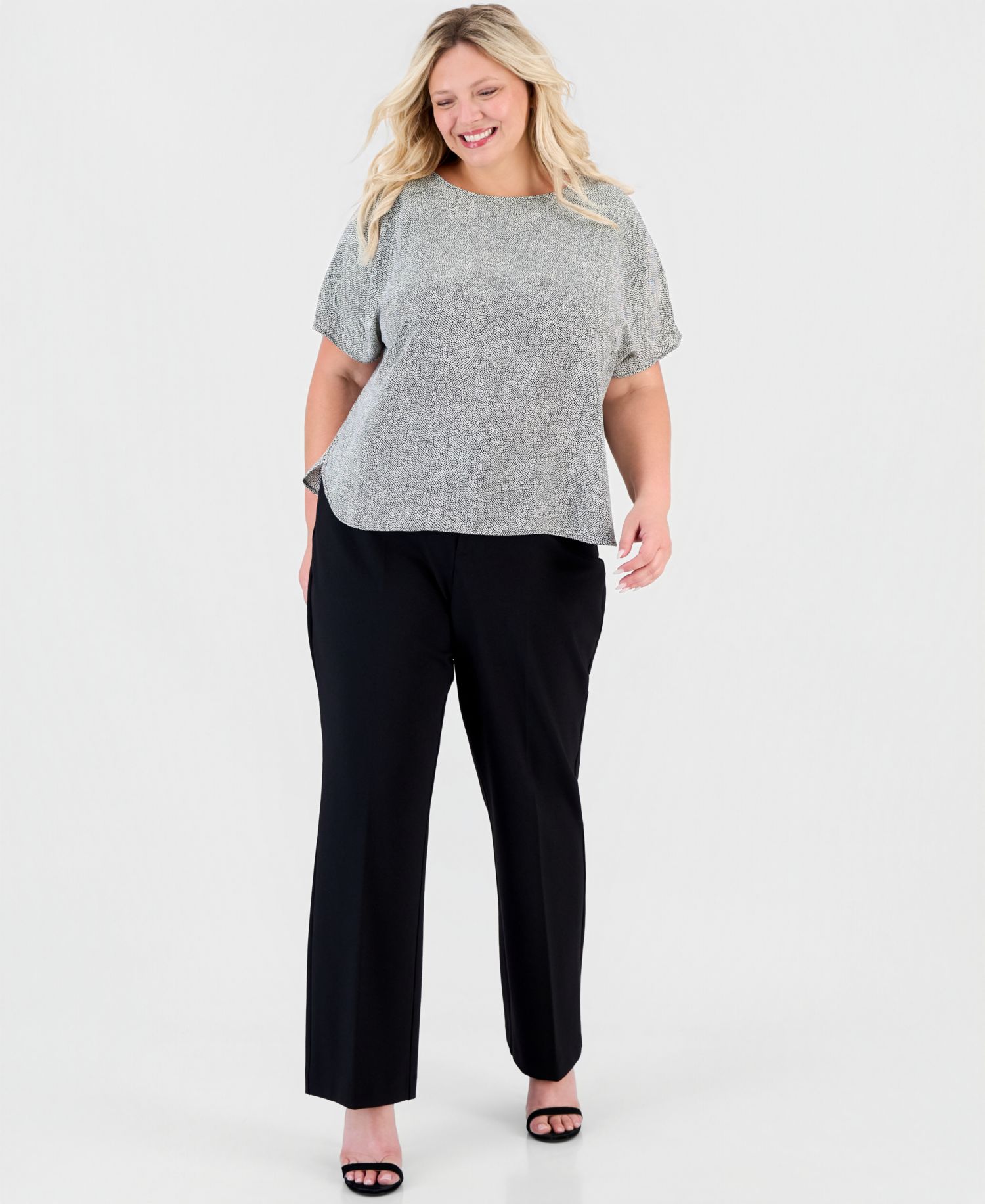 Plus Size Printed Bateau-Neck Short-Sleeve Blouse