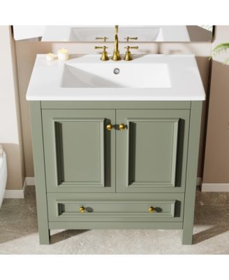30" Bathroom Vanity with Sink, Freestanding Vanity with Solid Wood Frame, Ceramic Sink, Soft-Close Doors, Drawer & Door Organizer