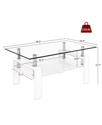 Modern 2-Tier Coffee Table, Rectangle Center Table with Tempered Glass Top, MDF Shelf and Metal Legs for Living Room and Home Office