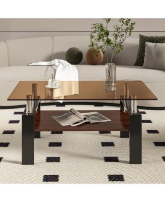 2-Tier Coffee Table, Rectangle Center Table with Tempered Glass Top, MDF Shelf and Metal Legs for Living Room, Home Office