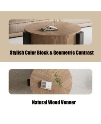 31.5'' Round Coffee Table with Hidden Storage - Wood Parquet Veneer Top Table and 3 Block Legs, Center Accent Table for Living Room
