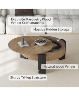 31.5'' Round Coffee Table with Hidden Storage - Wood Parquet Veneer Top Table and 3 Block Legs, Center Accent Table for Living Room