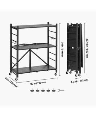 3-Tier Foldable Storage Shelf, Folding Metal Storage Shelving Unit with 5 Wheels and 4 Hooks for Kitchen, Garage, Basement