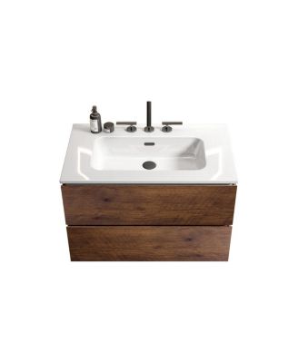 30" Modern Walnut Wall Mount Vanity With Ceramic Sink, 3-Hole Top Handle-Free Soft-Close Drawers, Pre-Assembled