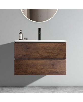 30" Modern Walnut Wall Mount Vanity With Ceramic Sink, Single-Hole Top U-Channel Storage, DTC Silent Close