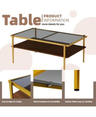 Rectangle 2 Tier Coffee Table, Center Table with Tempered Glass Top and Wood Storage Shelf for Living Room and Small Space