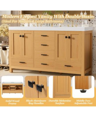 59.3 Inch Double Sink Bathroom Vanity with Solid Wood Frame, Soft Close Drawers & Adjustable Shelves for Modern Storage
