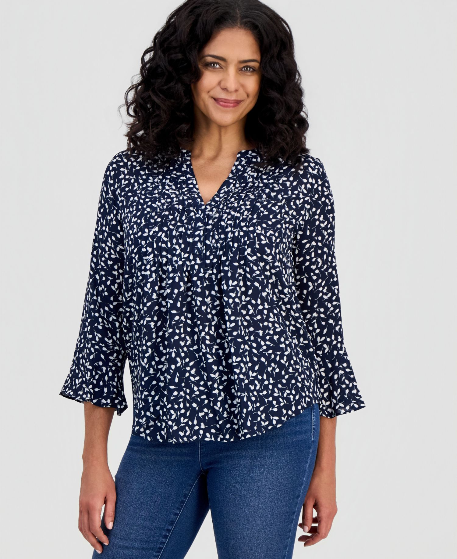Women's Petite Printed Pintuck Ruffle-Sleeve Top