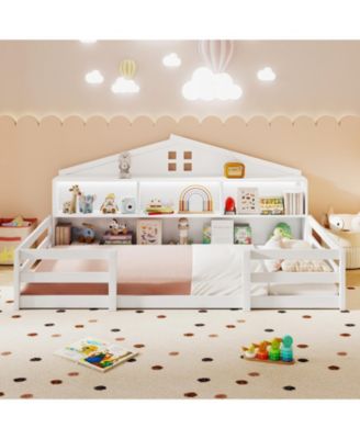 Montessori Floor Bed with Storage Compartments and Shelf