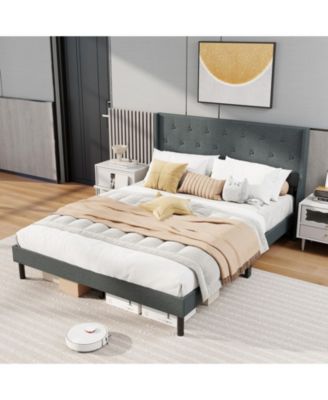 Upholstered Bed Frame with Button Tufted Wingback Headboard and Wooden Slats Support Mattress Foundation