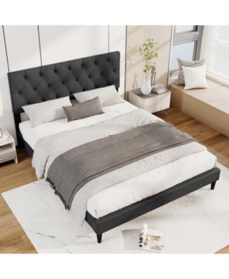 Queen Size Upholstered Platform Bed with Tufted Headboard and Wooden Slats