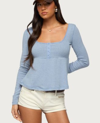 Women's Sare Striped Babydoll Henley Top