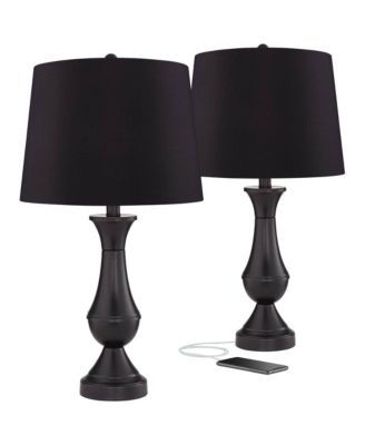Traditional Table Lamps 25" High Set of 2 with USB Port Bronze Metal LED Touch On  Faux Silk Drum Shade for Bedroom Living Room