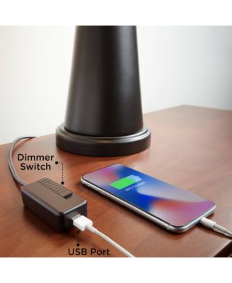 Traditional Table Lamp Tall USB Charging Port Urn Faux Silk Bell Shade for Bedroom Living Room Office