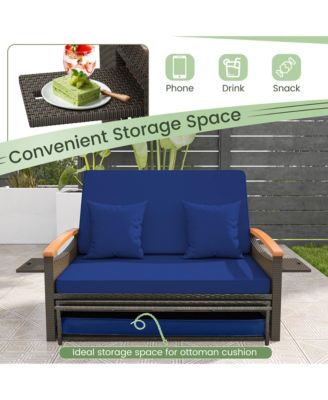 Outdoor Wicker Daybed Patio Loveseat and Storage Ottoman Set w/ Navy Cushions