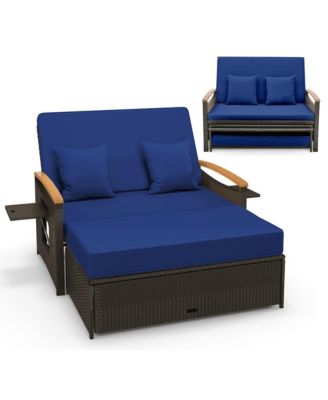 Outdoor Wicker Daybed Patio Loveseat and Storage Ottoman Set w/ Navy Cushions