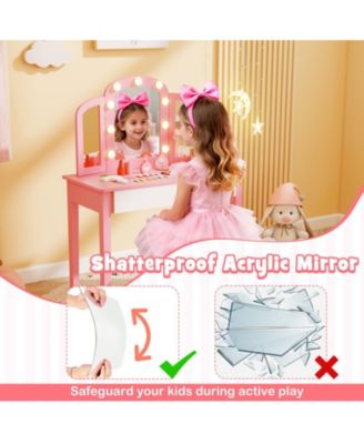 2-in-1 Kids Vanity Table Set with Tri-Folding Detachable Mirror and LED Lights