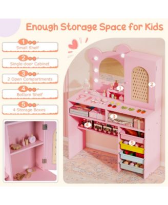 Kids Vanity with Lights and 5 Drawers Bear Design Dressing Table Set