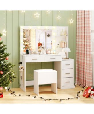 Makeup Table and Stool Set with Hair Dryer Stand and 5 Drawers