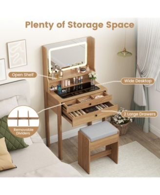 Small Vanity Desk with LED Mirror and Cushioned Stool for Small Spaces