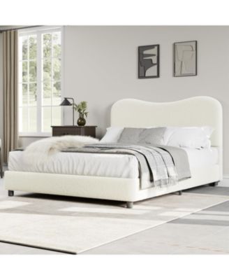  Platform Bed Metal Frame Wooden Slats Sherpa Fabric Upholstered Headboard No Box Spring Noise Free Beige