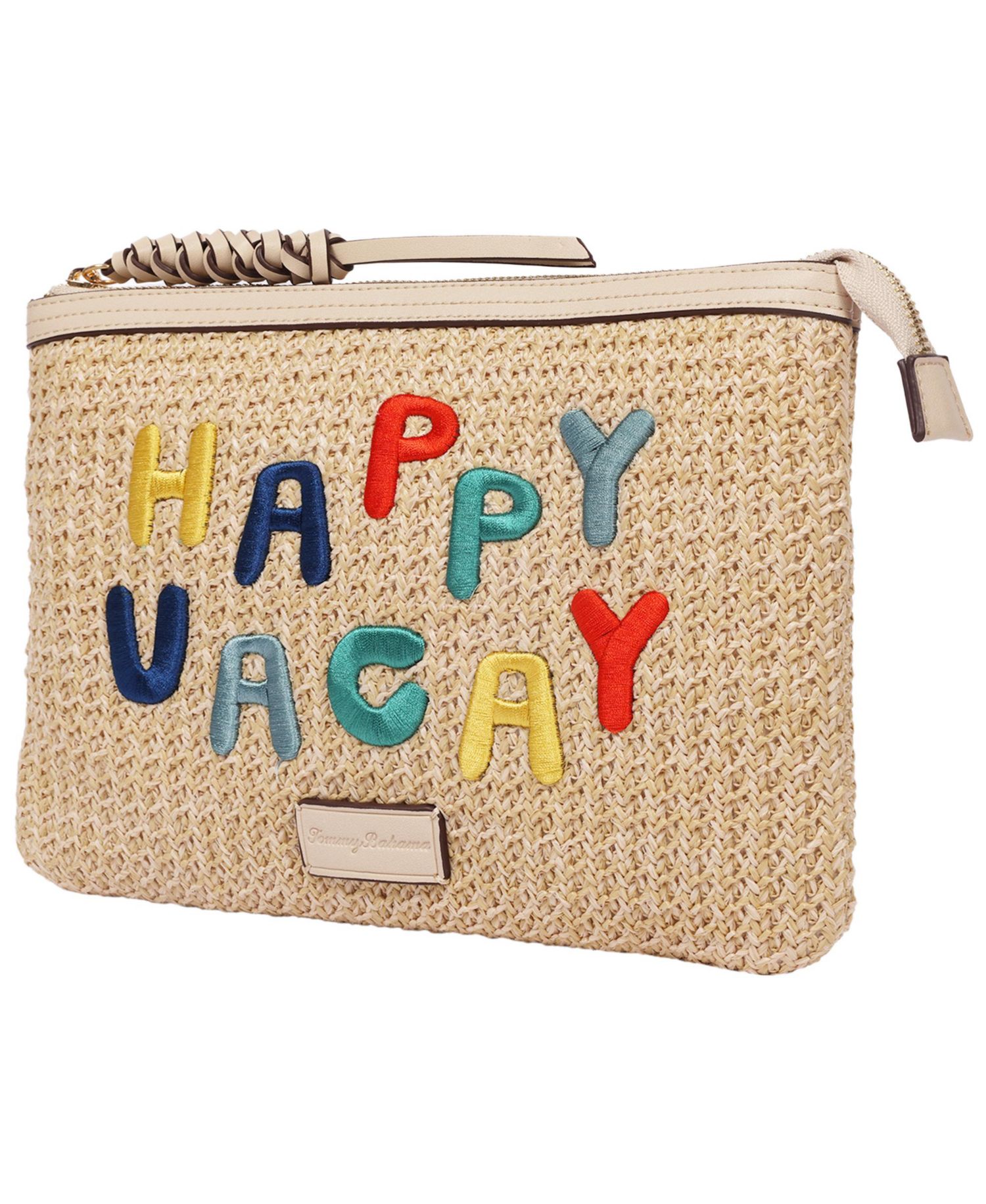 Happy Vacay Raffia Clutch - Woven Straw Zip Pouch with Embroidered Lettering