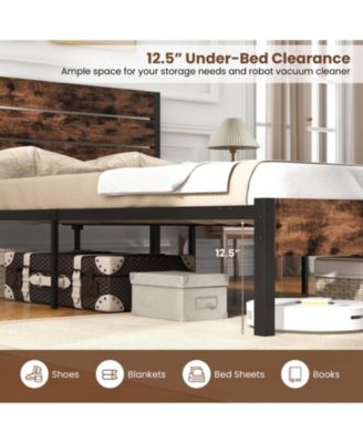 Metal and Wood Platform Bed Frame with Headboard and Noise-Free Slats