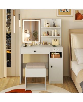 Vanity Desk with Lighted Mirror Storage Cabinet and Cushioned Stool